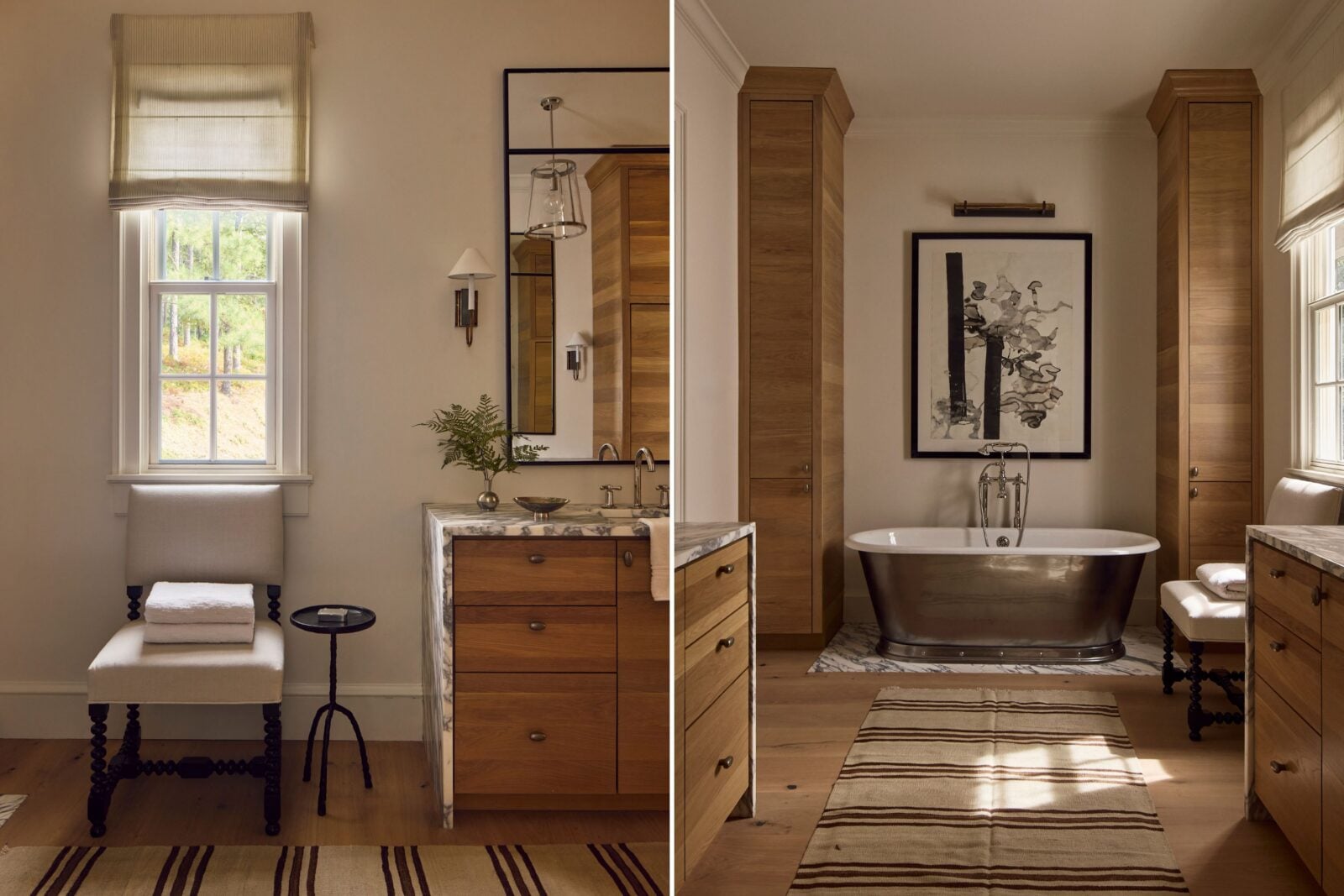 A collage of two images: a bathroom seat and mirrors; a soaking tub