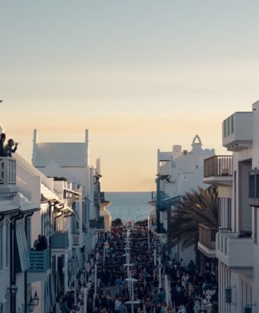 Aeriel view of a downtown street leading to the Gulf in Alys Beach