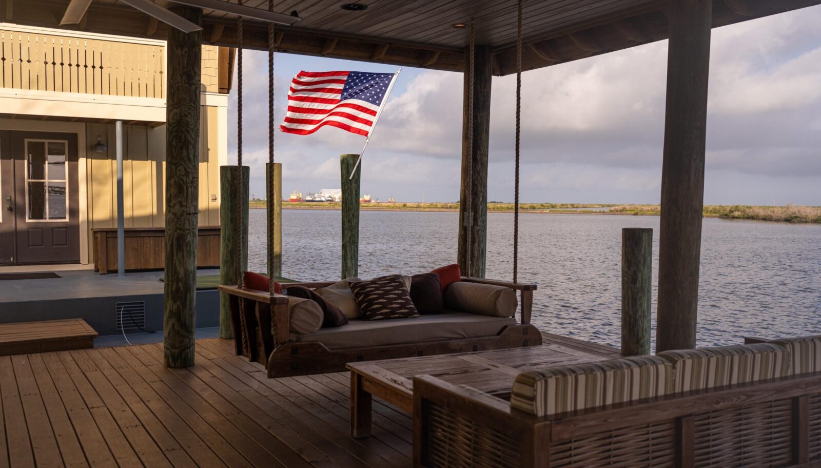 A porch overlooking water
