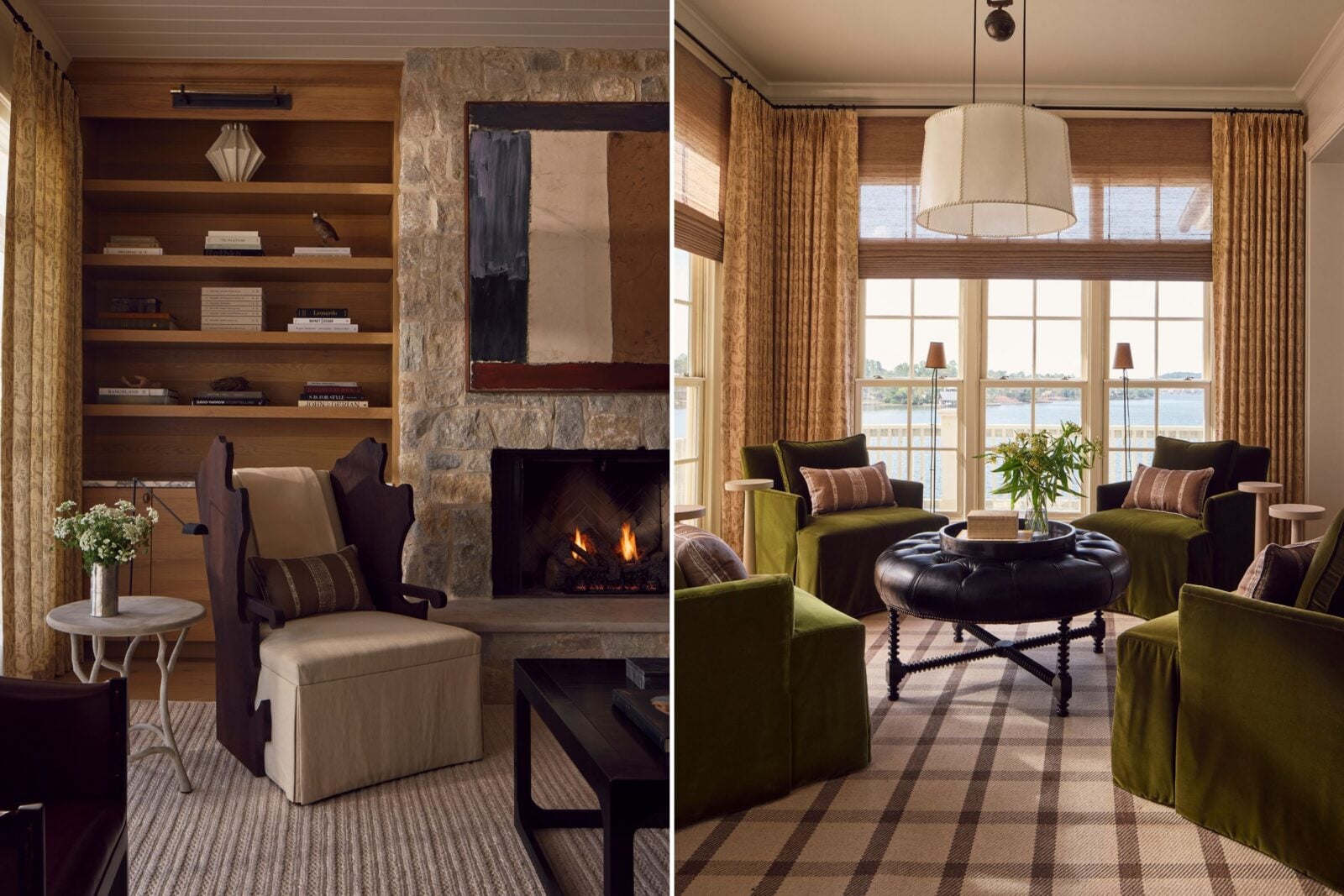 A collage of two images: a cozy seat in a den; a table in a home with a window looking onto the lake