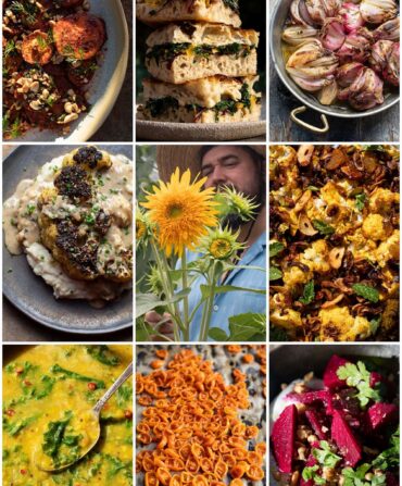 A grid of recipe photos and a portrait of a man