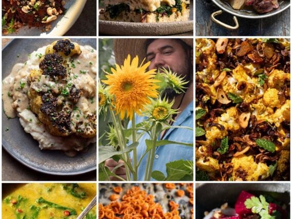A grid of recipe photos and a portrait of a man