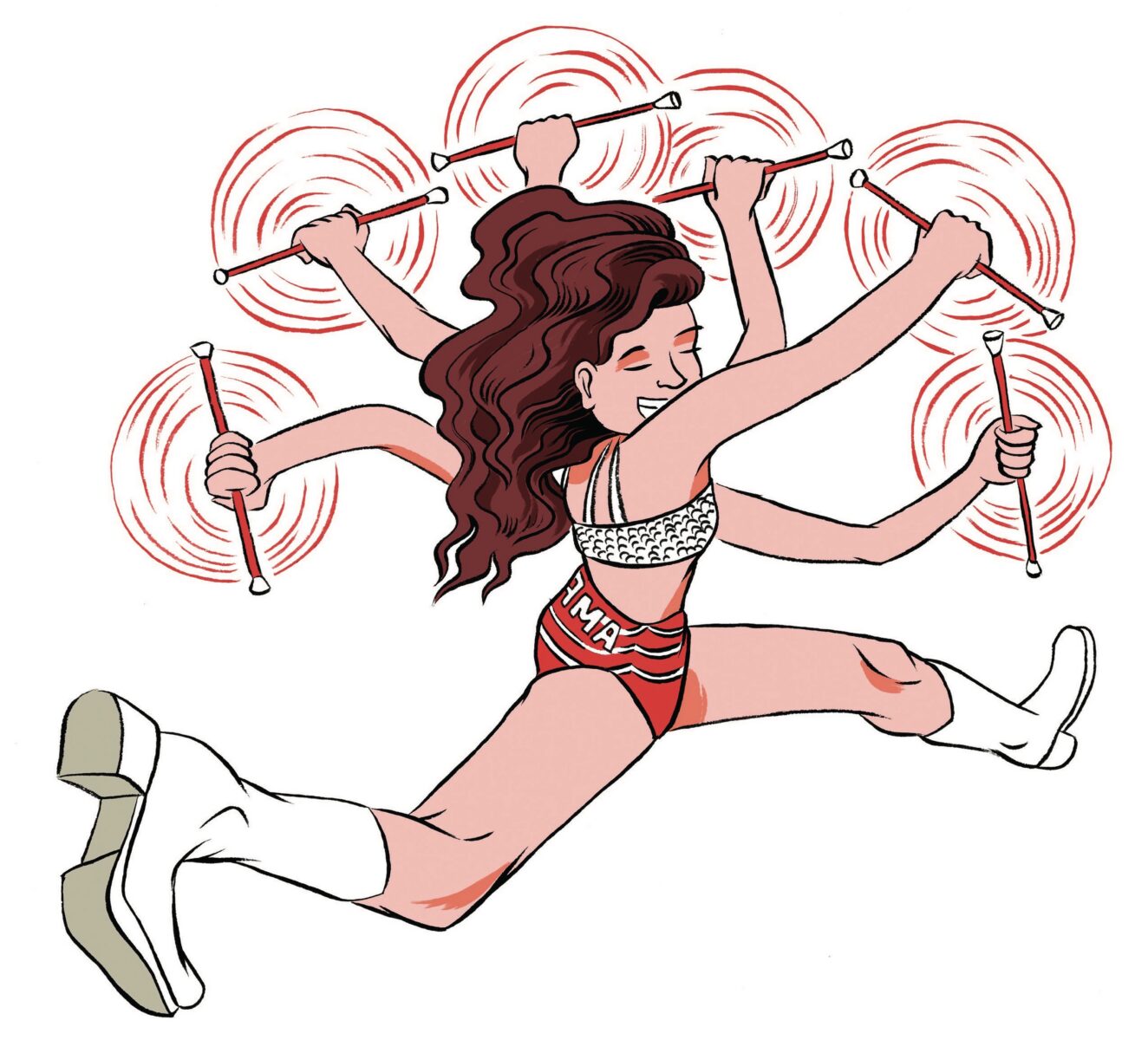An illustration of a woman twirling a baton