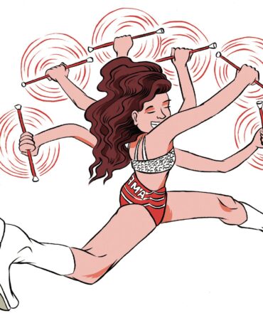 An illustration of a woman twirling a baton