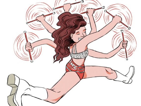 An illustration of a woman twirling a baton
