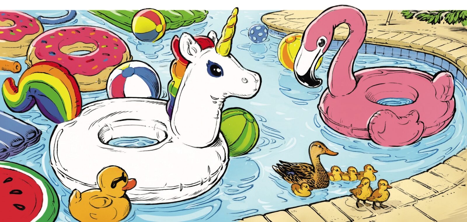 An illustration of ducks in a pool with pool floats