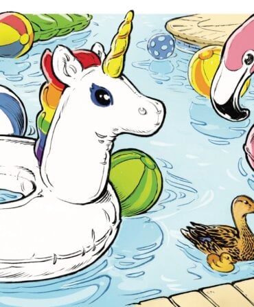 An illustration of ducks in a pool with pool floats