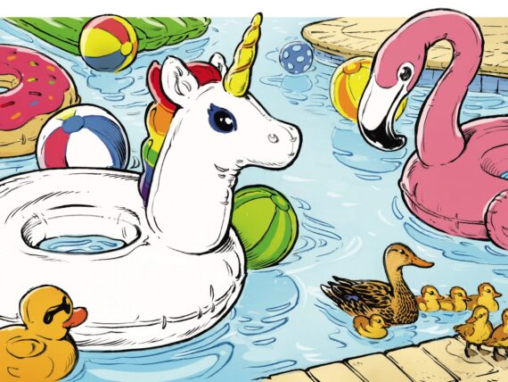 An illustration of ducks in a pool with pool floats