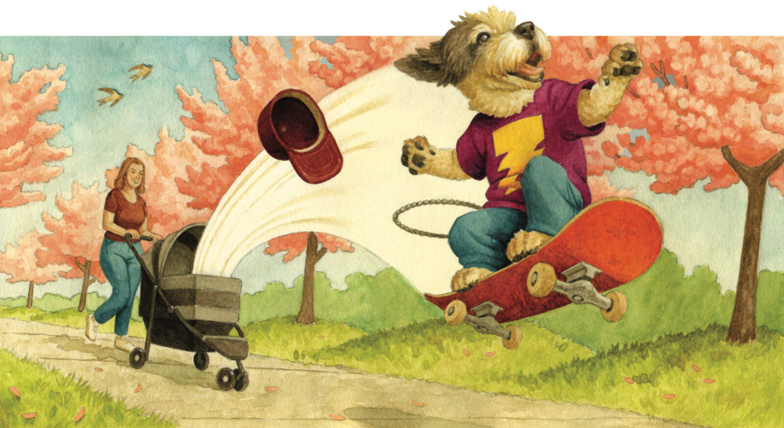 An illustration of a dog on a skateboard