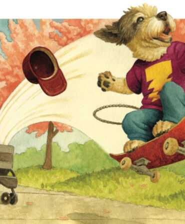 An illustration of a dog on a skateboard
