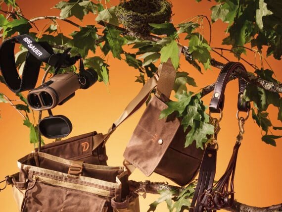 Hunting products staged in a tree