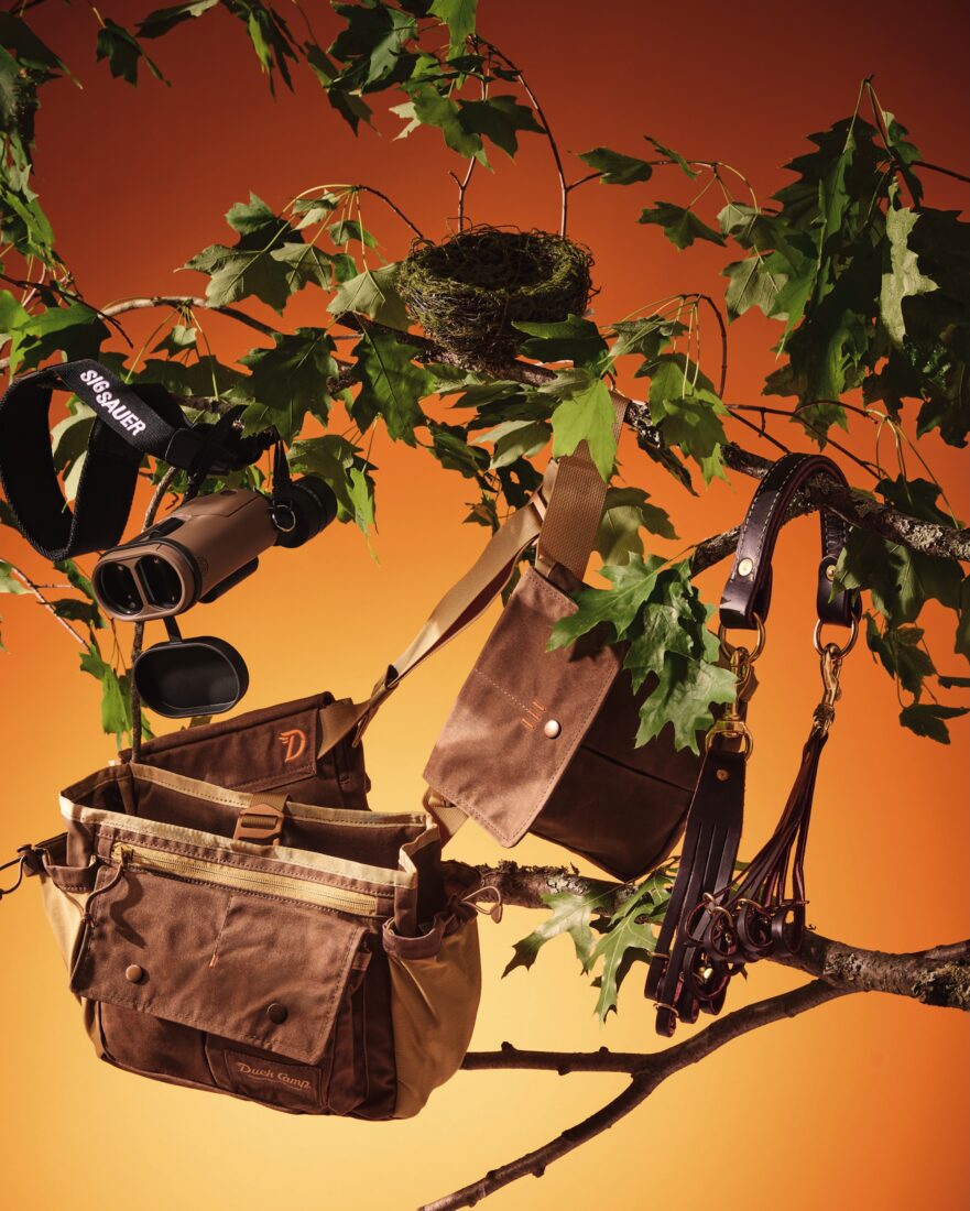 Hunting products staged in a tree