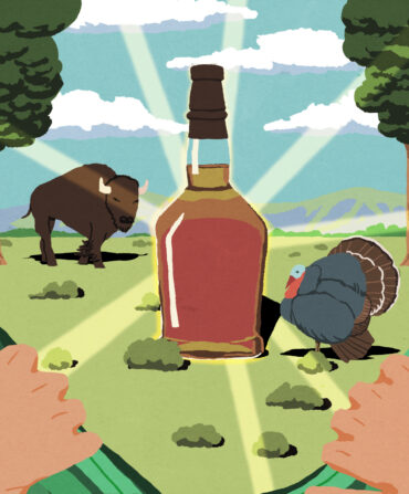 An illustration of a turkey and buffalo by a bourbon bottle