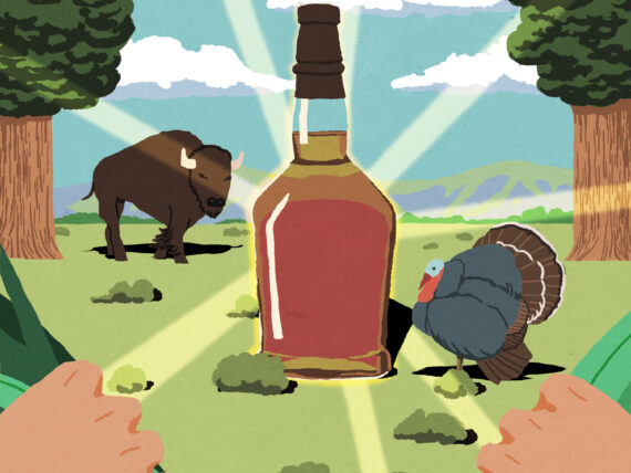 An illustration of a turkey and buffalo by a bourbon bottle