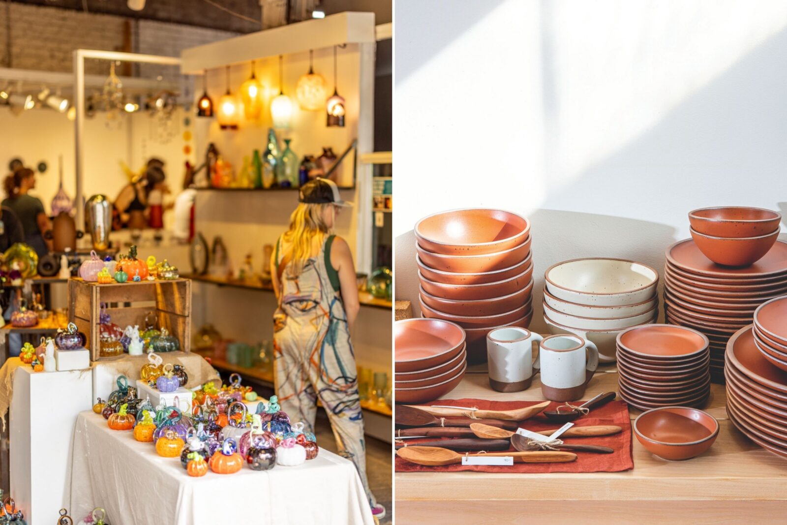 A collage of two images: The North Carolina Glass Center in the River Arts District; ceramics from East Fork Pottery.