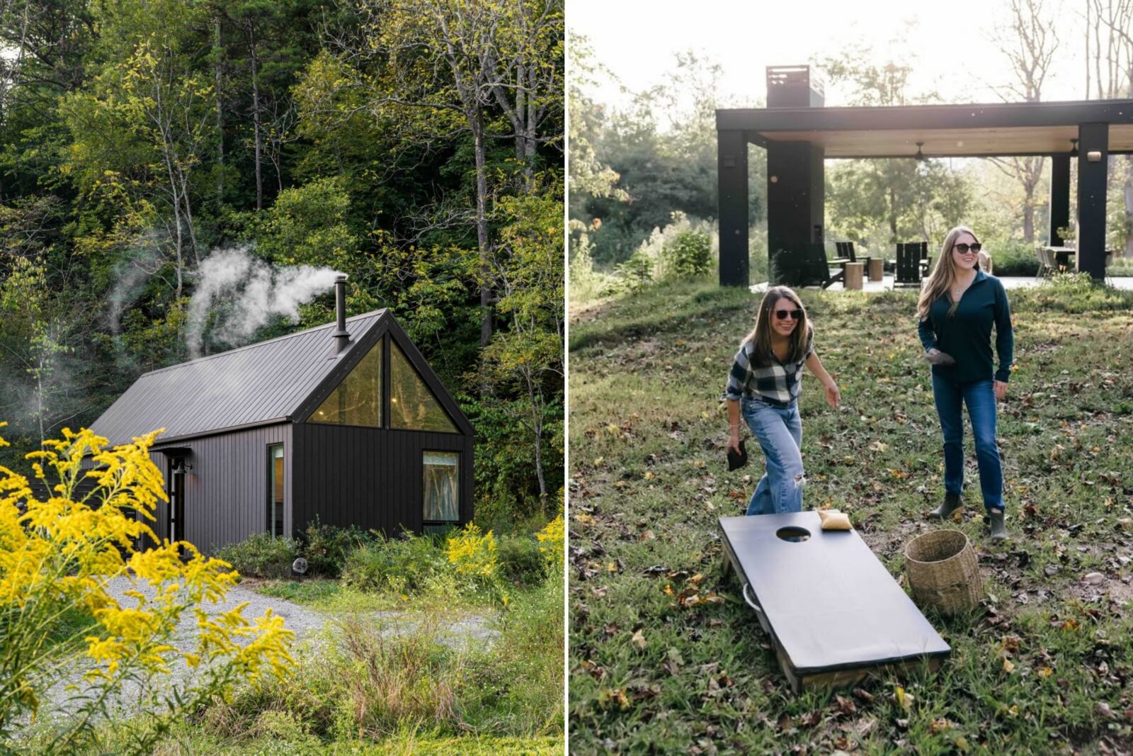 A collage of two images: a cabin stay; women playing hackey sack