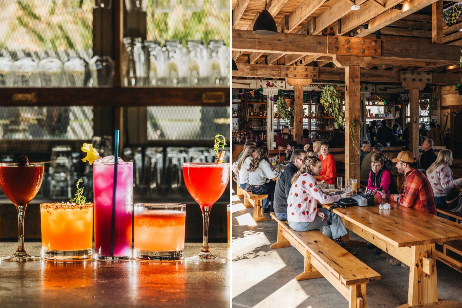 A collage of two images: colorful cocktails in a line; outdoor seats