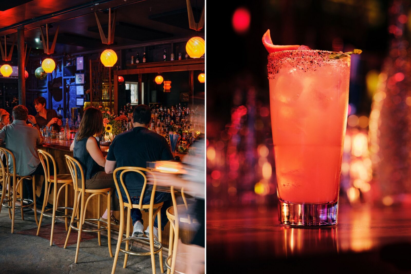 A collage of two images: a bustling bar; a red paloma drink