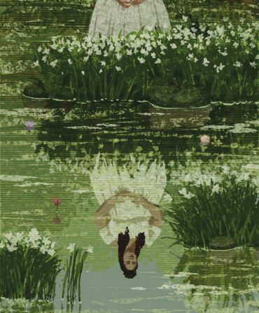 An illustration of a woman’s reflection in a lily pond