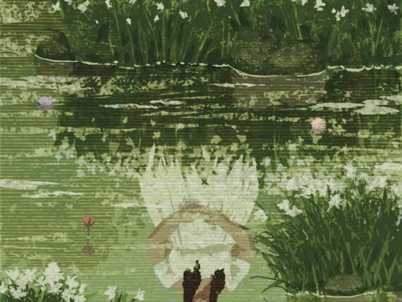 An illustration of a woman’s reflection in a lily pond