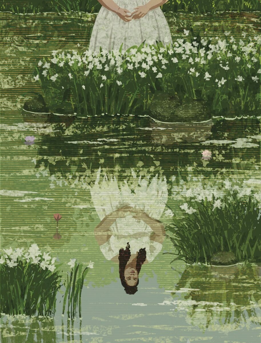 An illustration of a woman’s reflection in a lily pond