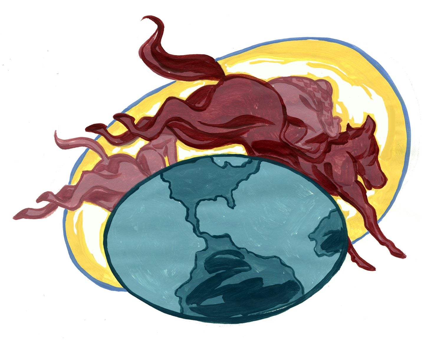 illustration of horses leaping over Earth