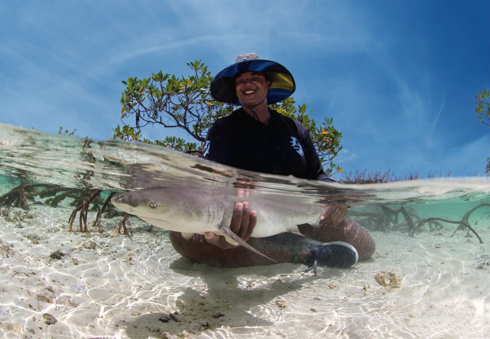 A woman holds a shark