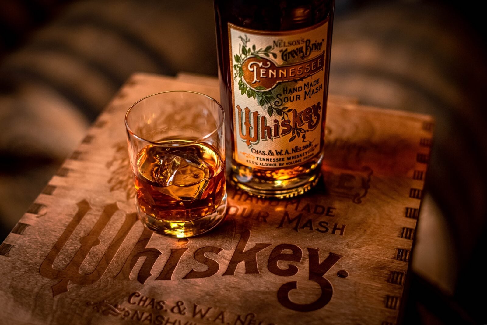 whiskey glass and bottle