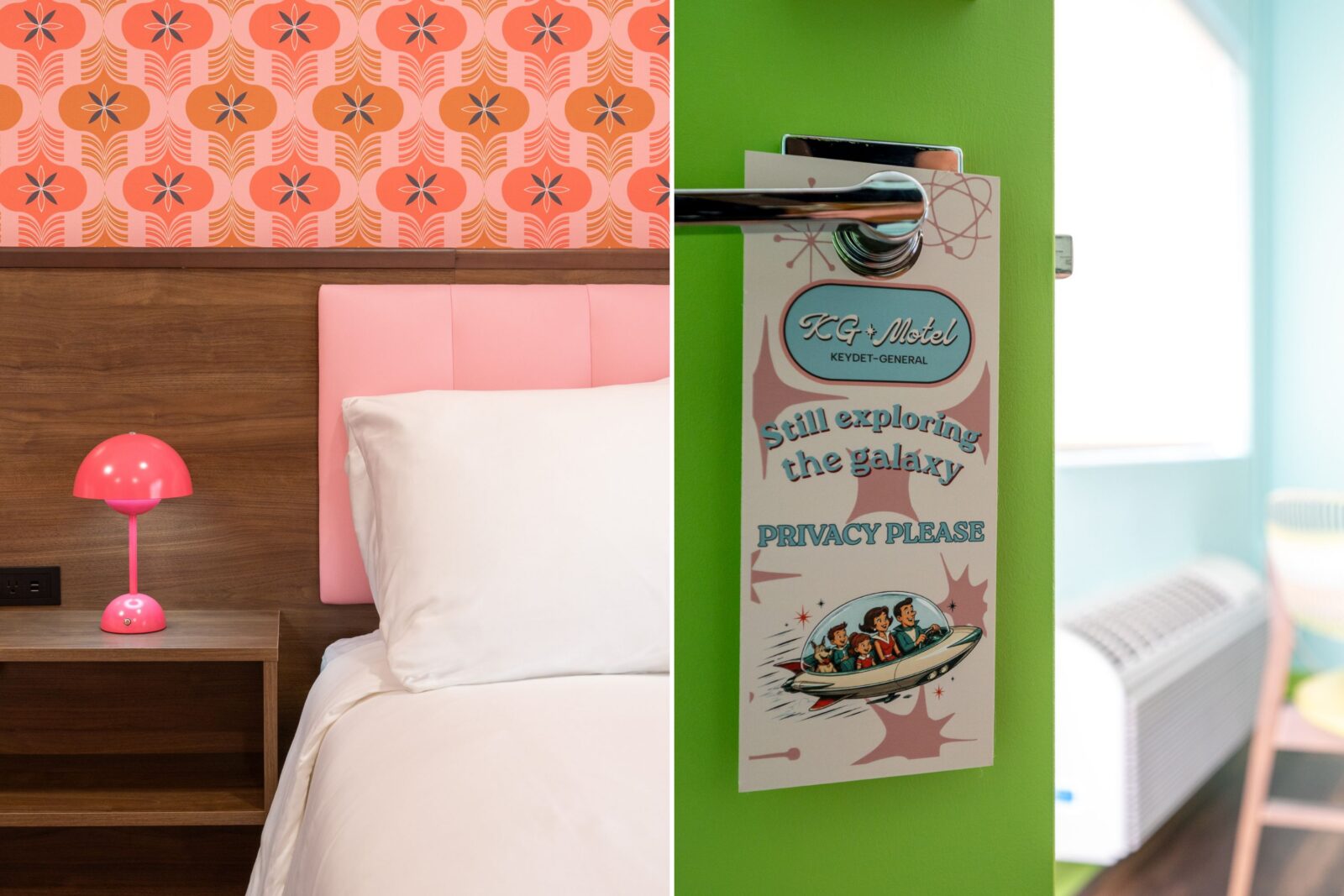 A pink lamp on a side table; a privacy tag on a guest room
