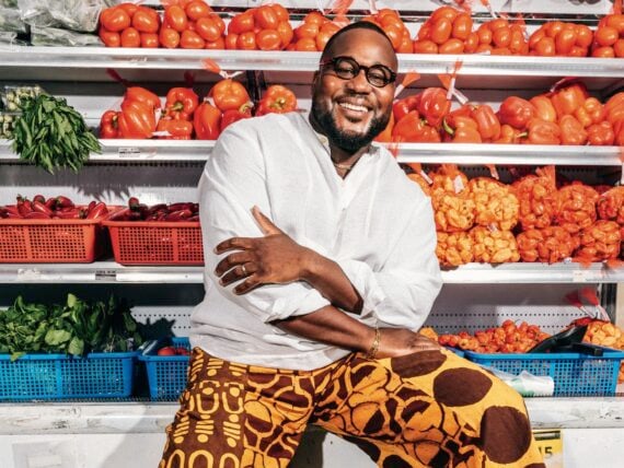 A portrait of a man in a grocery