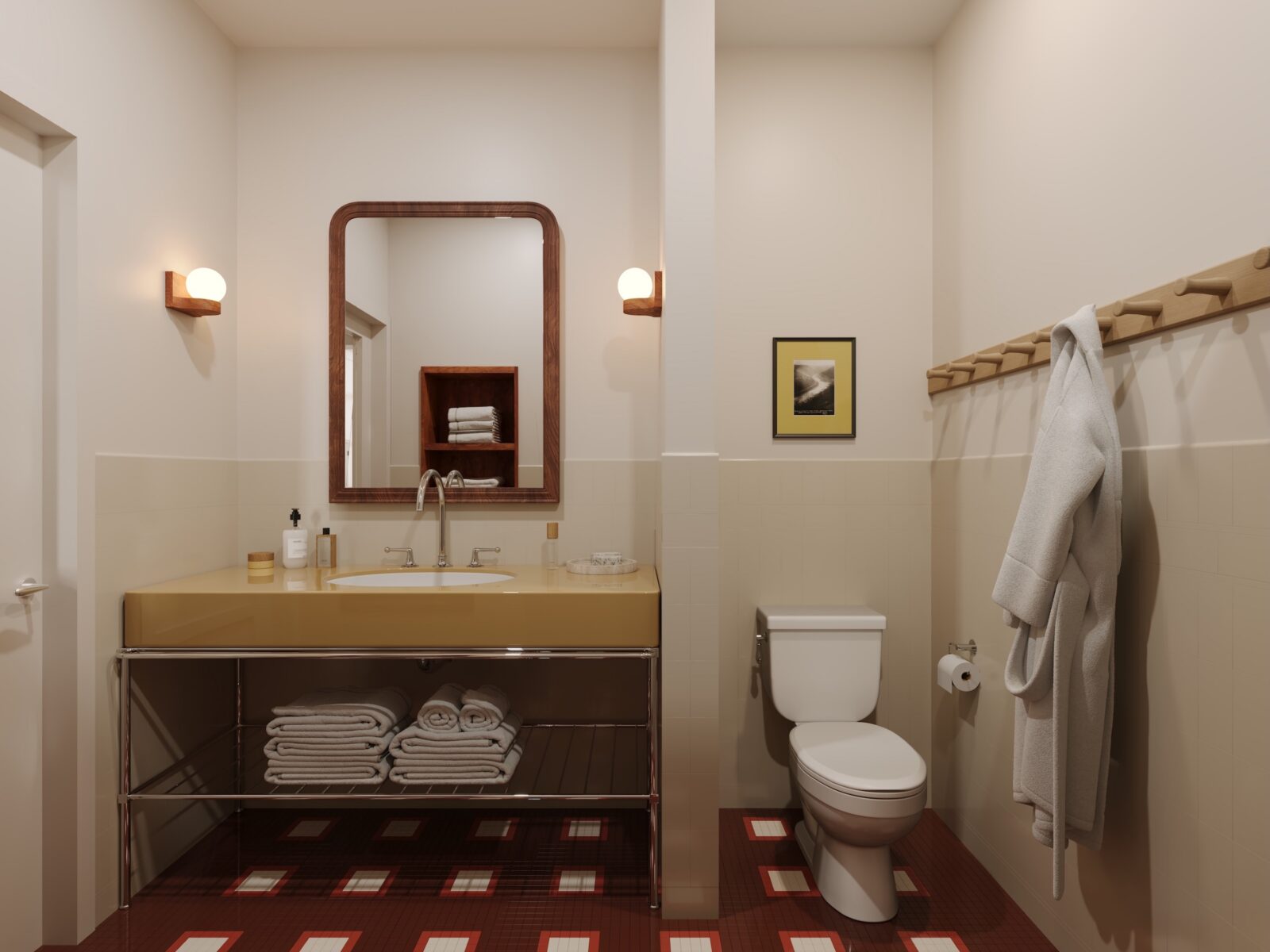 A burgundy-tiled bathroom.