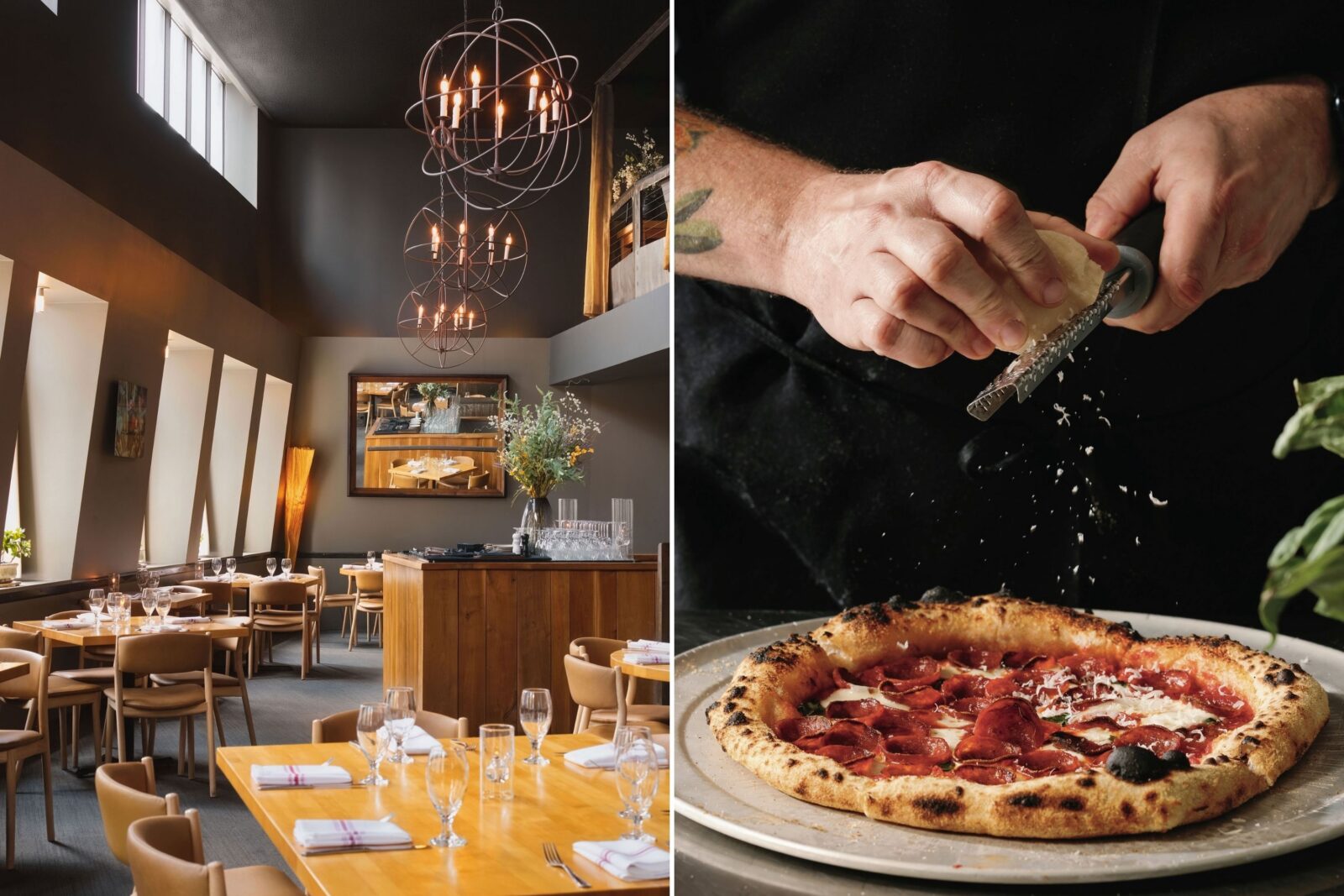 A collage of two images: inside a restaurant; cheese showers down on a pizza