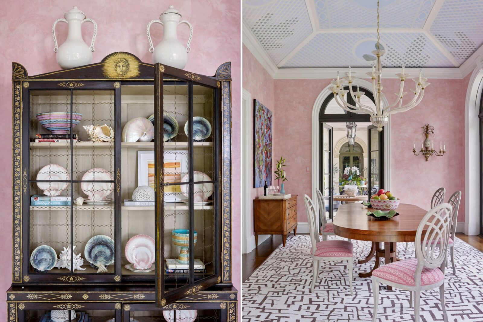 The lacquer cabinet with Wedgwood shell plates; a pale blue trompe l'oeil ceiling brings palm fronds inside.