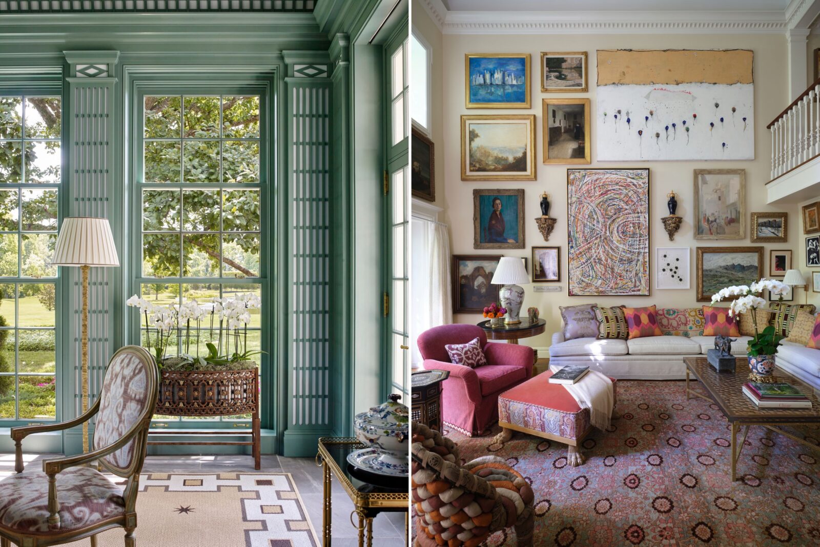 A green room; a living room with an art gallery wall