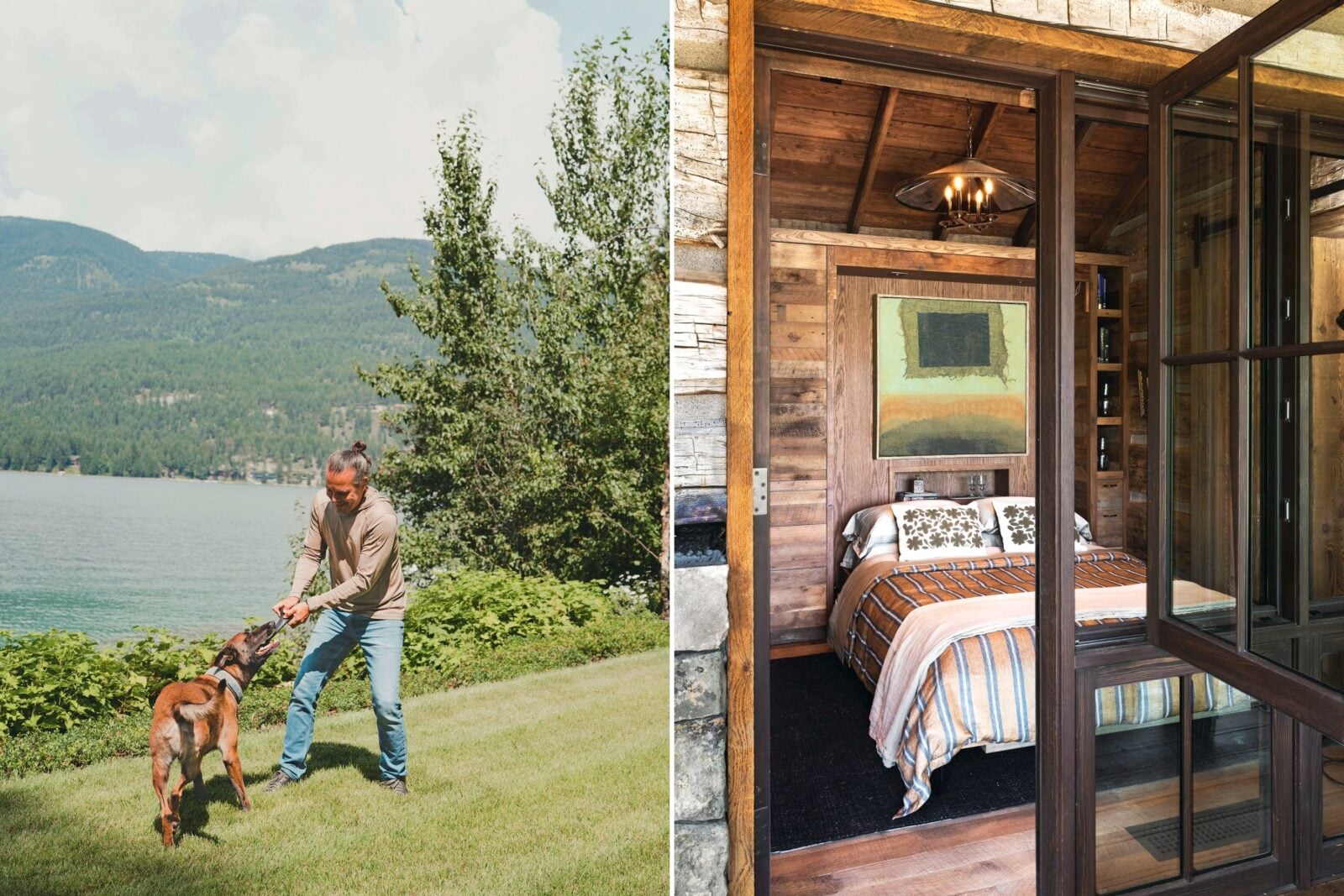 A man and dog play outside; a bedroom in a cabin