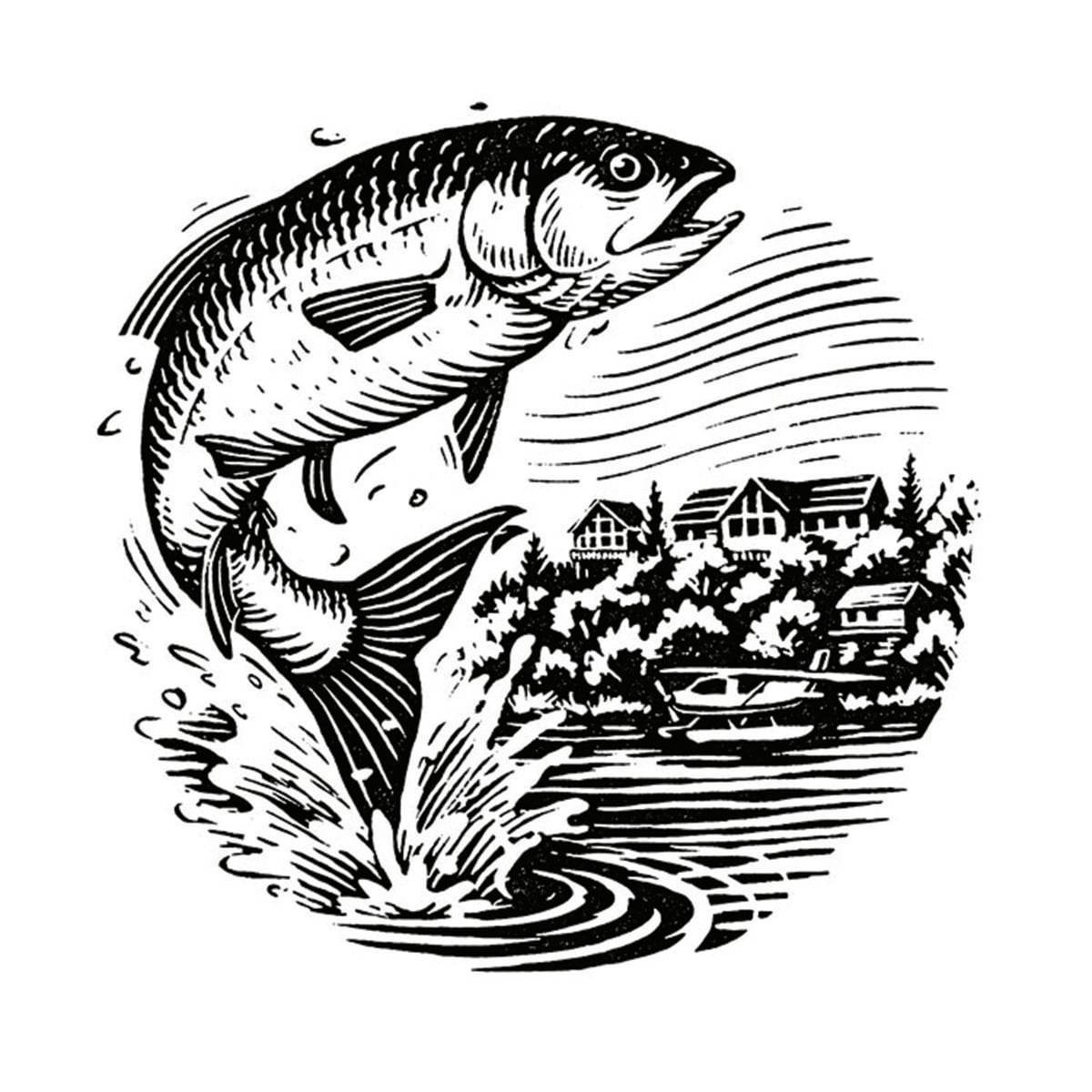 An illustration of a trout jumping from the water