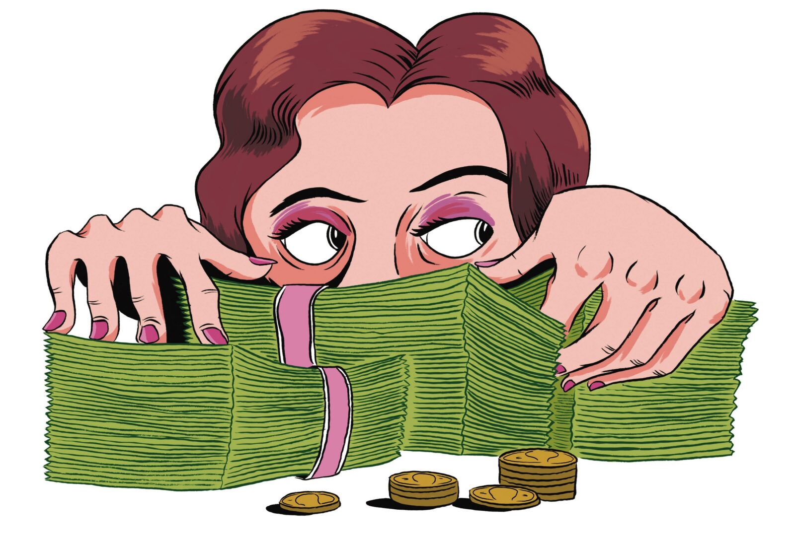 An illustration of woman hiding behind a stack of cash