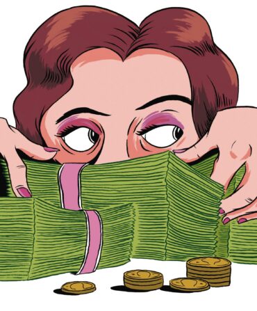 An illustration of woman hiding behind a stack of cash