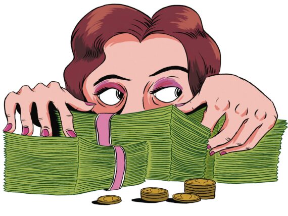 An illustration of woman hiding behind a stack of cash