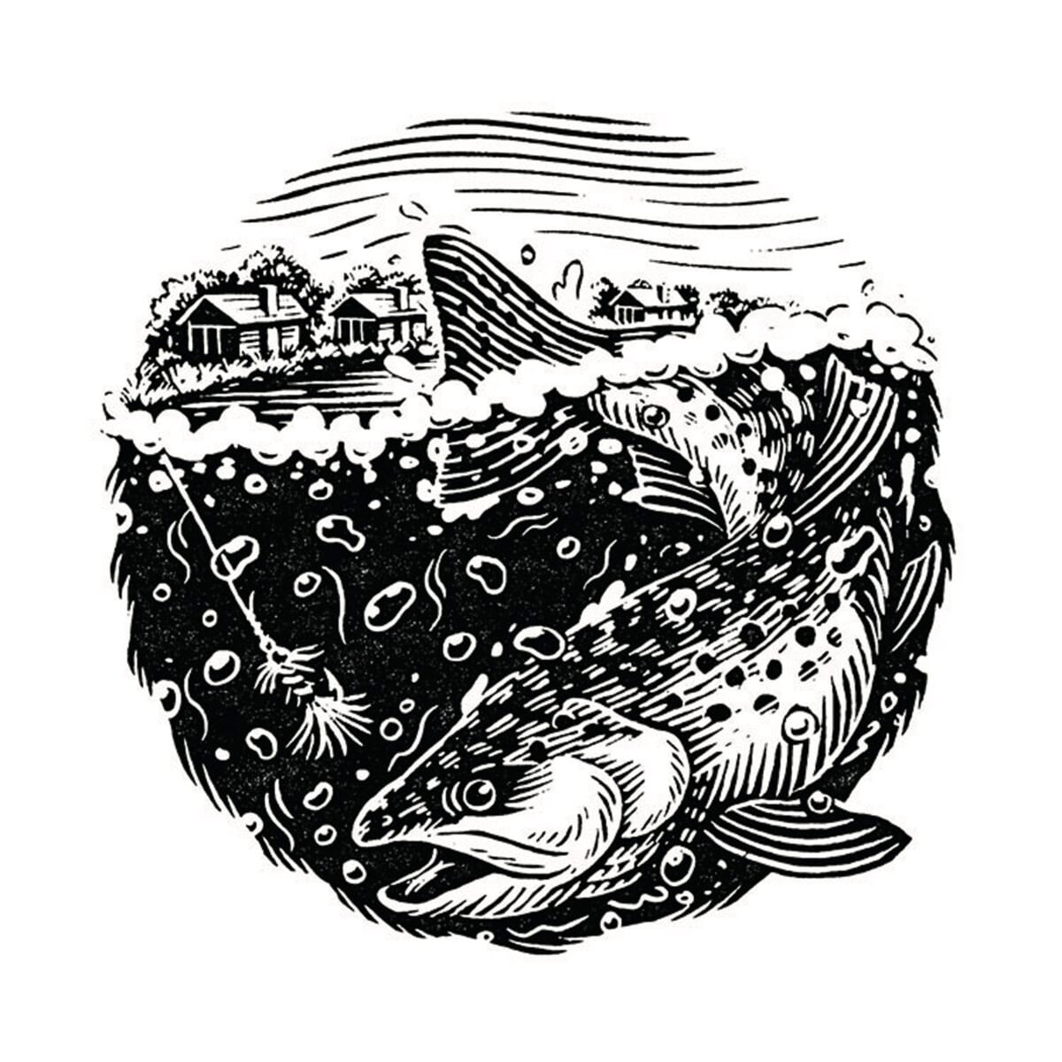 An illustration of a trout with a fly