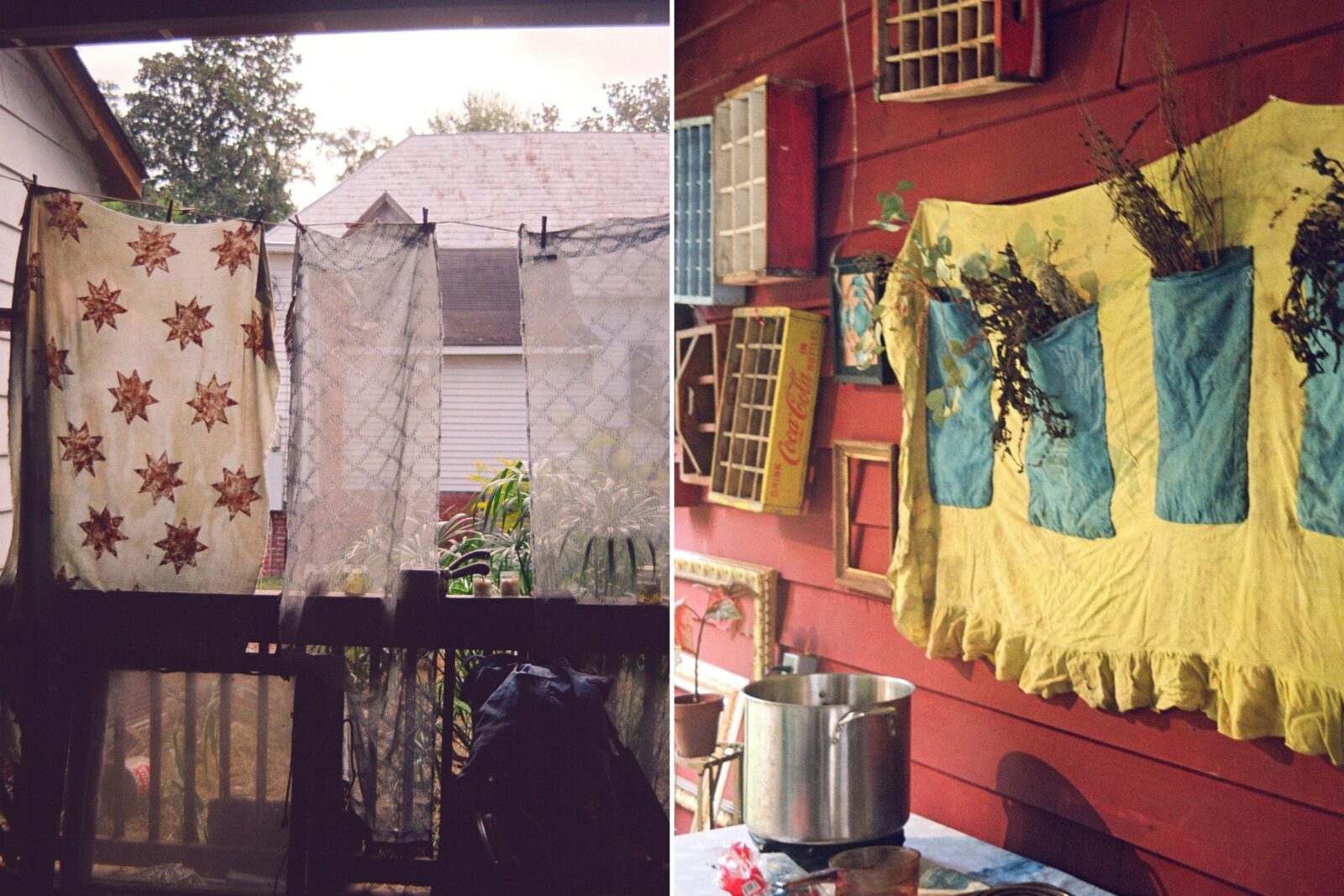 Artful textiles hang on a porch