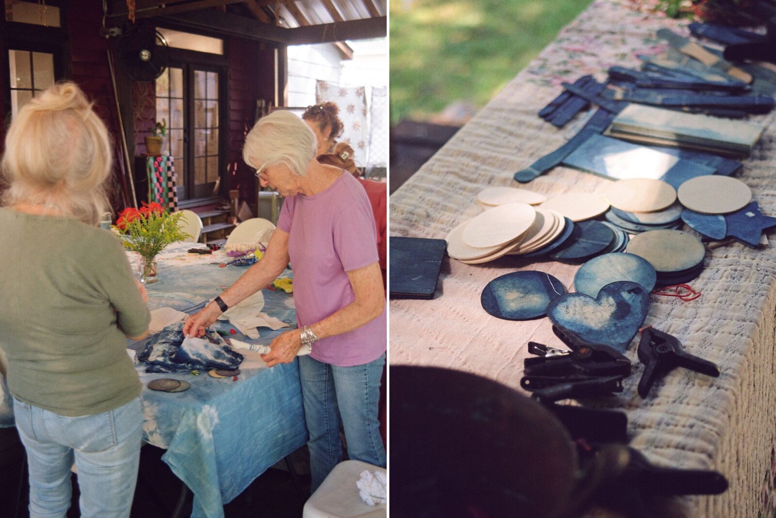 Women with indigo tie-dye bandanas; indigo-dyed wood resist stamps