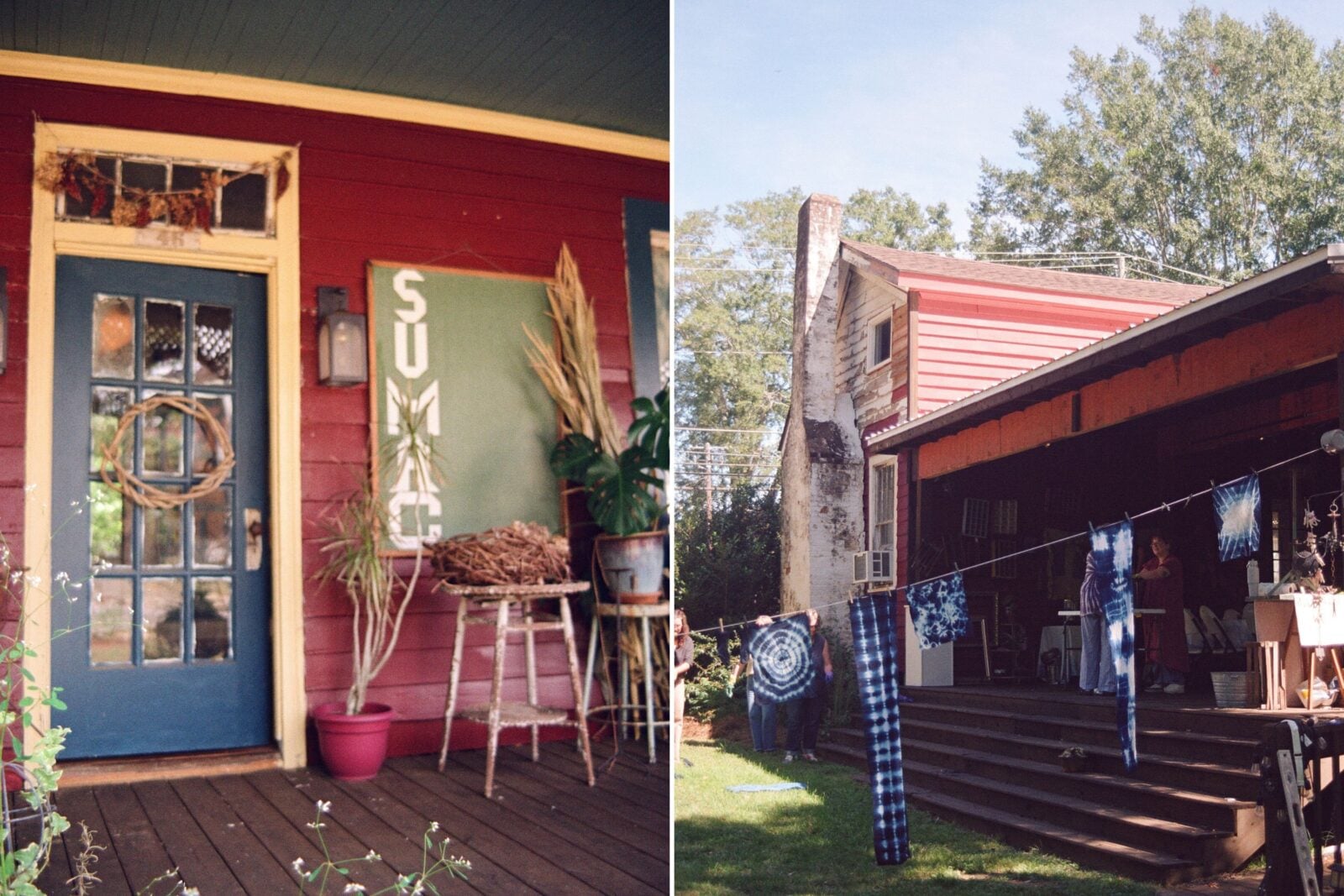 The front porch of a red, blue, and yellow cottage; indigo-dyed fabrics dry outside on a line.