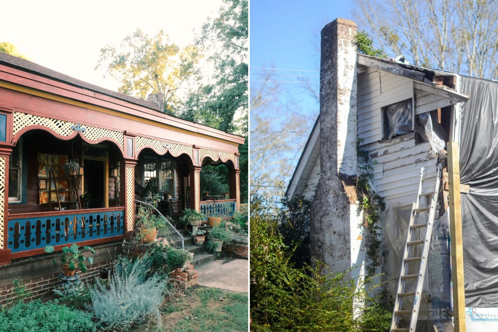 A red, blue, and yellow cottage; a falling-apart white cottage
